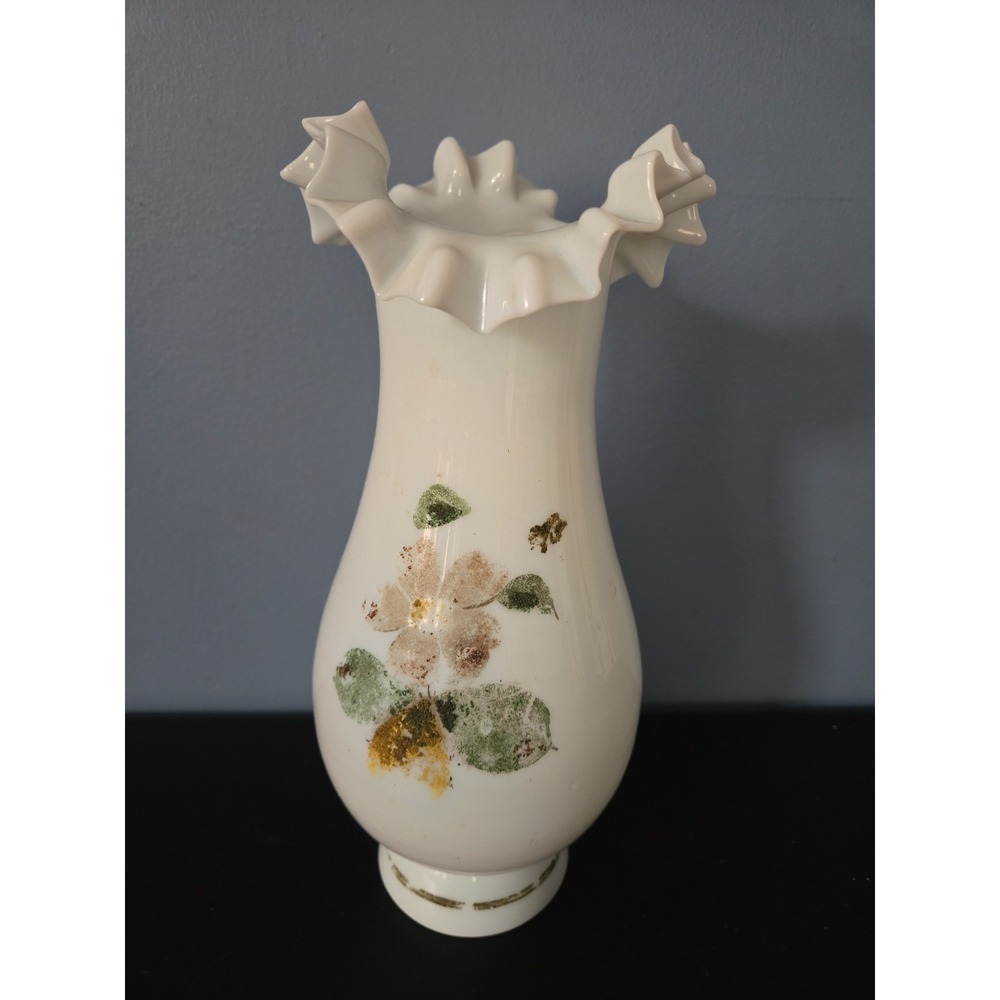 Vintage White Bristol Blown Glass Ruffle Top Vase Hand Painted Flowers Gold 10"
